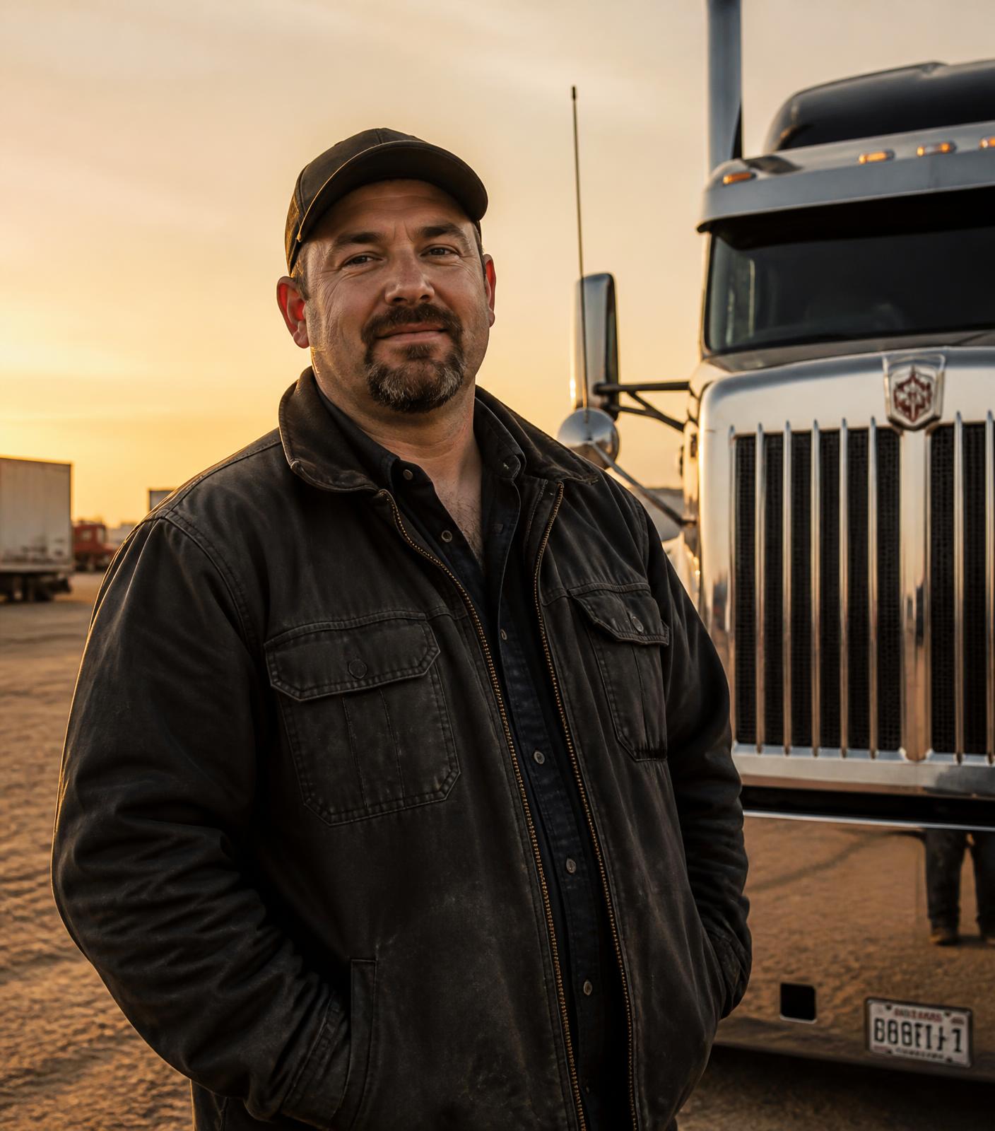 American truck driver beside a modern semi truck