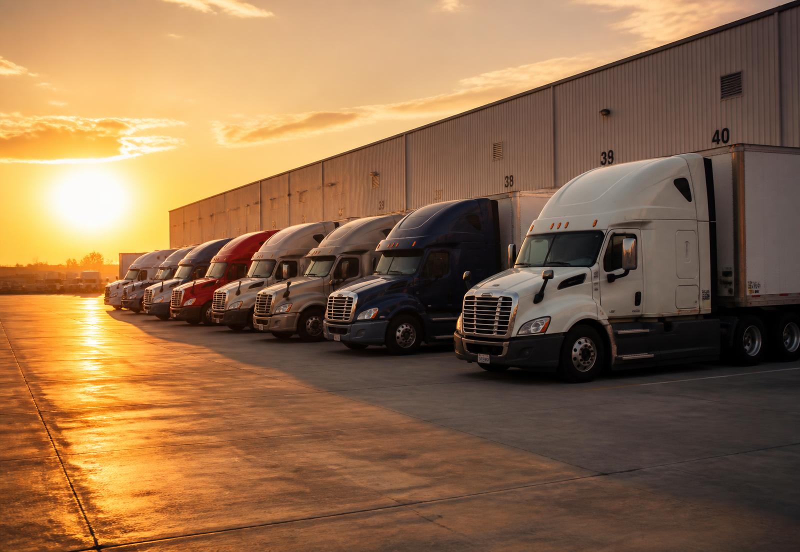 Row of American semi trucks at a US logistics terminal
