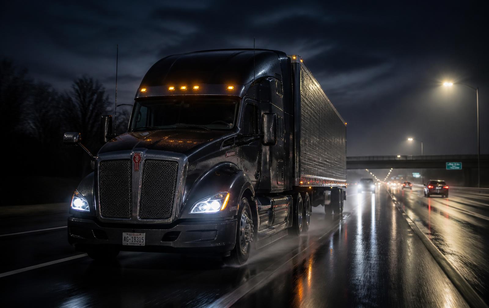 American semi truck on a US interstate at night